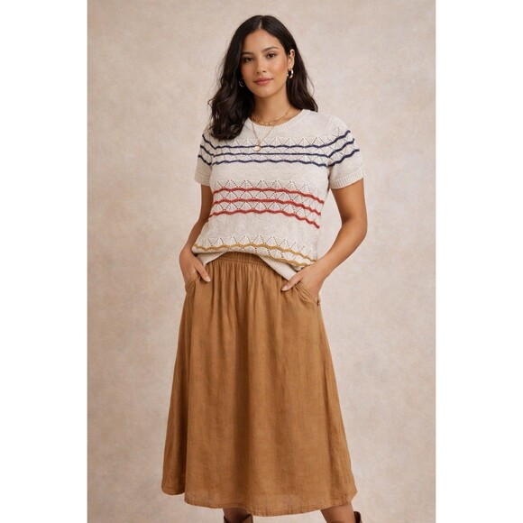 Sweaters - ModCloth Cream Pointelle Knit Short Sleeve Sweater Striped Boho Size S